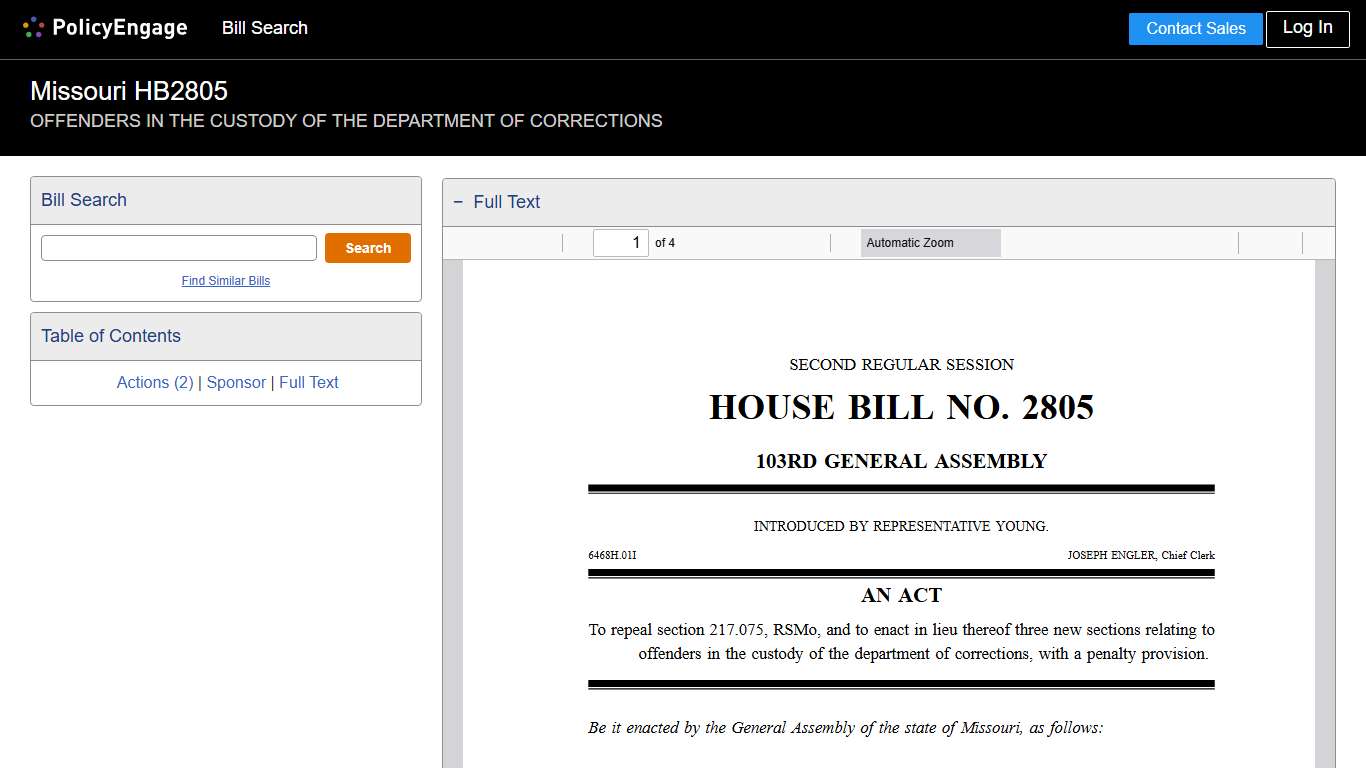HB2805 Missouri 2026 OFFENDERS IN THE CUSTODY OF THE DEPARTMENT OF CORRECTIONS - Legislative Tracking PolicyEngage